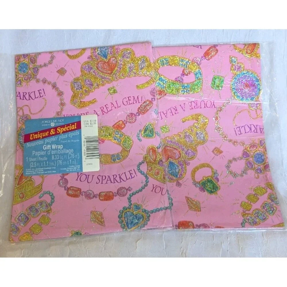 2 NOS American Greetings Gift Wrapping Paper Prismatic You're A Gem Glitter Vtg